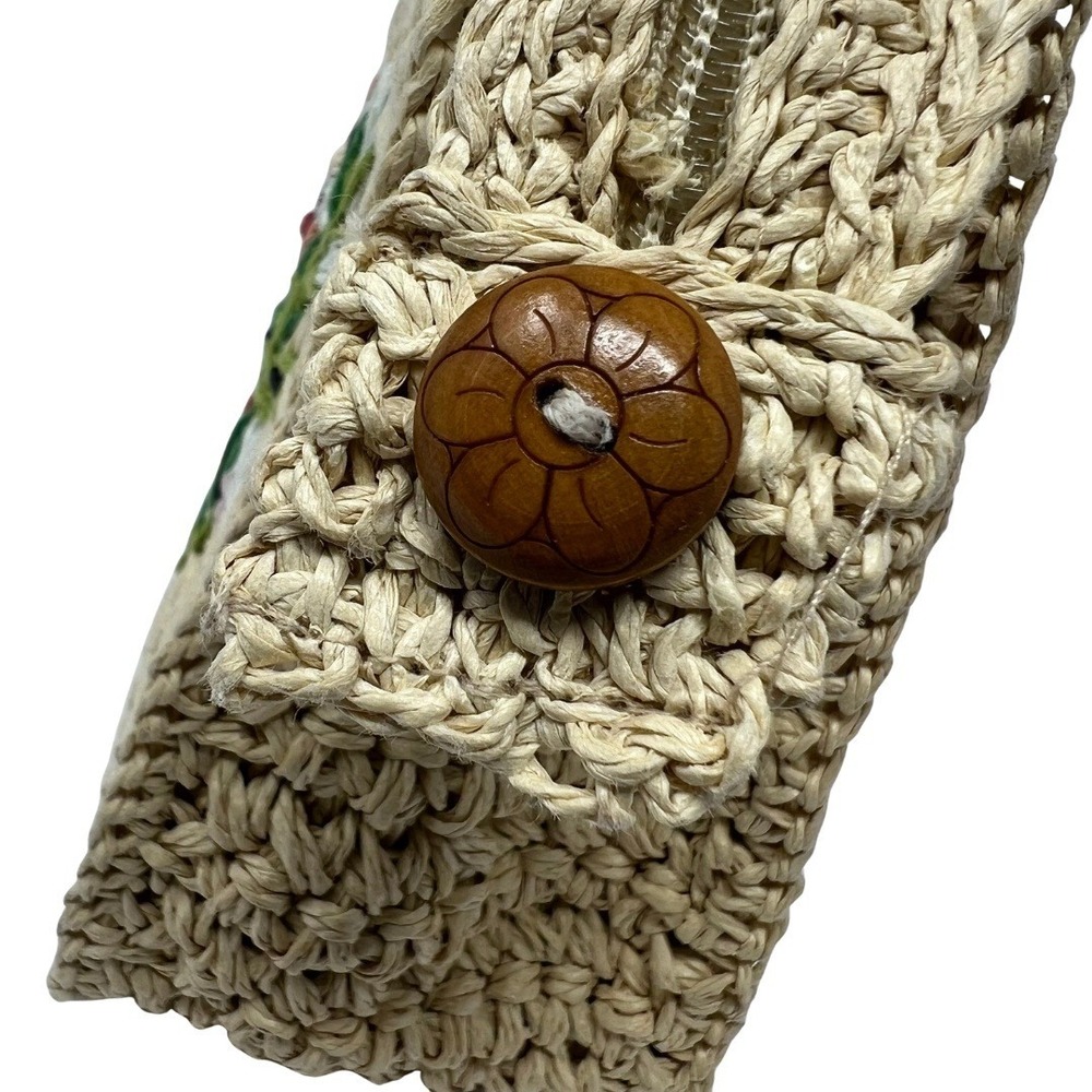 Fossil Straw Woven Top Handle Bag Floral Embroidered Wood Handle Handbag - Picture 10 of 14